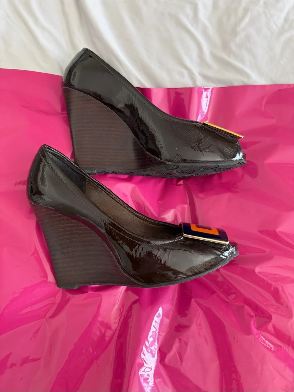 Tory Burch Brown Patent Leather Pumps with Navy and Orange Buckles